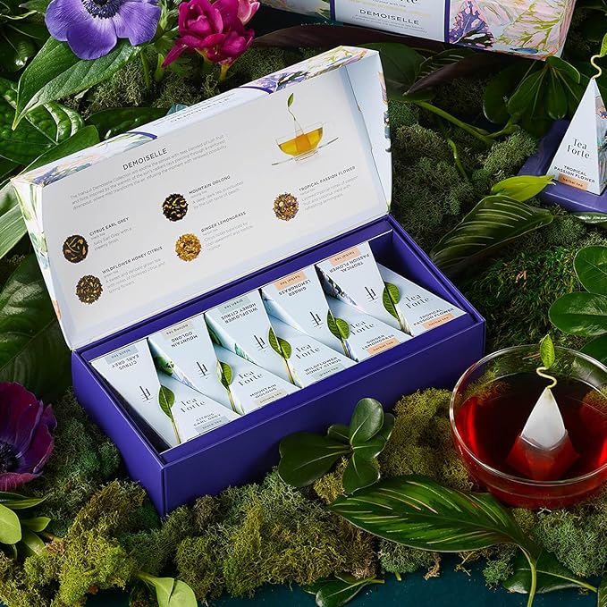 Tea Forte Premium Petite Presentation Box Gift Set Sampler 10 Count 2 of Each Blend Individually Wrapped Handcrafted Pyramid Infuser Bags Demoiselle Tea