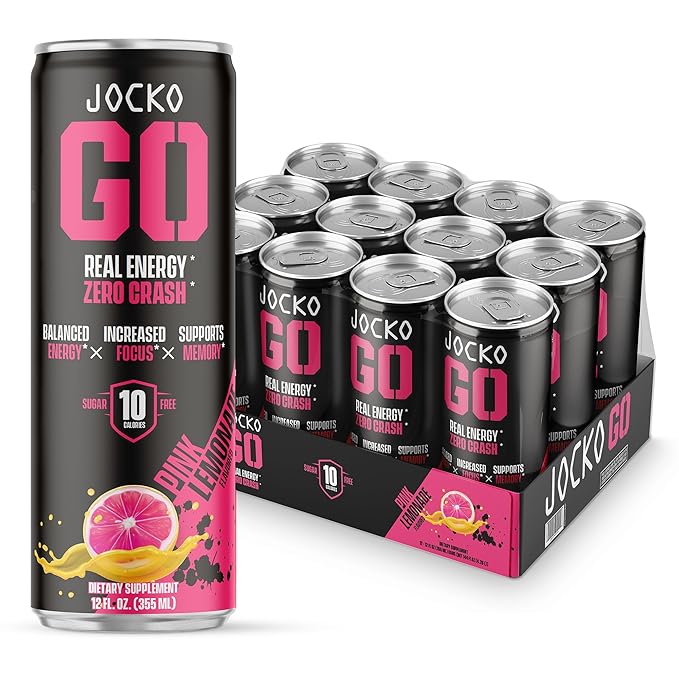 Jocko GO Energy Drink - Keto Vitamin B12 Vitamin B6 Electrolytes L Theanine Magnesium- Energy Boost Sugar Free Nootropic Monk Fruit Blend - 12 Pack (Pink Lemonade)