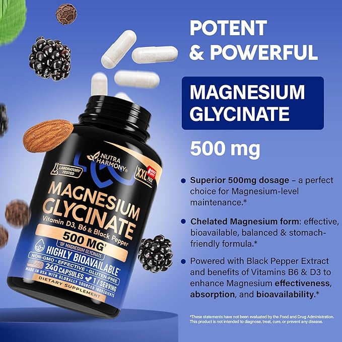 Magnesium Glycinate 500 mg - Chelated Supplement - High Absorption Form of Magnesium - Support for Sleep Muscle &amp Heart Health - Made in USA Lab Tested &amp Non-GMO - 240 Capsules