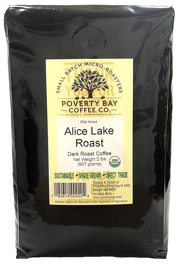 Alice Lake Organic Dark Roast Ground Coffee Beans - Freshly Roasted by Poverty Bay Coffee Company 2lb Bag