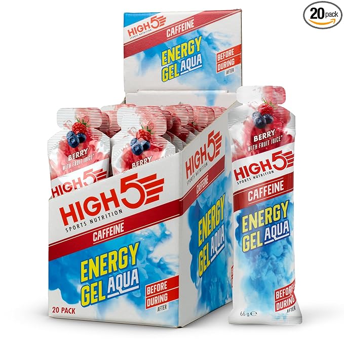 HIGH5 Aqua Caffeine Carbohydrate Gels - Running Supplements for Fast Energy - Natural Fruit Juice - Muscle Gel Endurance Fuel for Cycle Nutrition &amp Energy Gels for Hiking (Berry 20 x 66g)