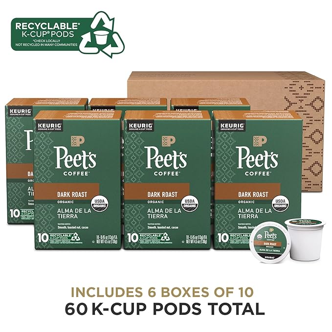 Peet's Coffee USDA Organic Dark Roast Keurig K-Cup Pods 100% Arabica Coffee - Alma de la Tierra 60 Count (6 Boxes of 10 Pods)