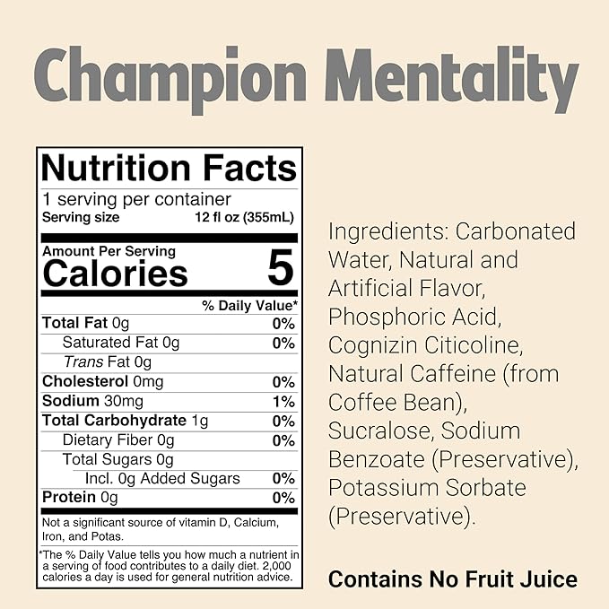 BUM Sugar-Free Energy Drink Champion Mentality - Lightly Carbonated &amp No Artificial Colors Natural Caffeine &amp Citicoline for Energy &amp Focus Brain Boost &amp Workout Sports Beverage - 1