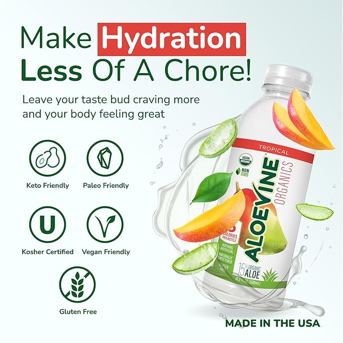 Aloevine Organics Organic Aloe Vera Drink No-Pulp With Aloe Powder &amp Lemon Juice 5 Calories Low Sugar No Artificial Ingredients 16.9 oz 12 Pack Tropical