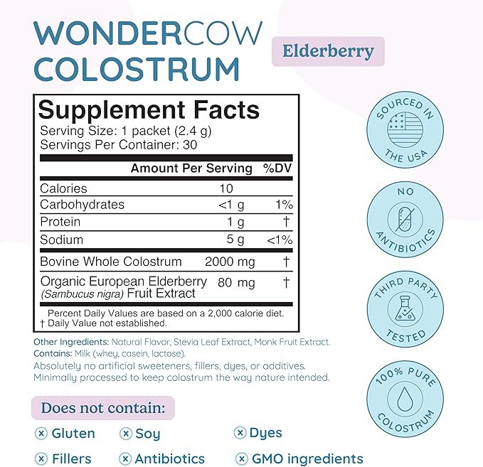 WONDERCOW Colostrum Supplement Powder for Gut Health Immune Support &amp Wellness | Natural IgG Pure Whole Bovine Colostrum Superfood Elderberry 30 Servings