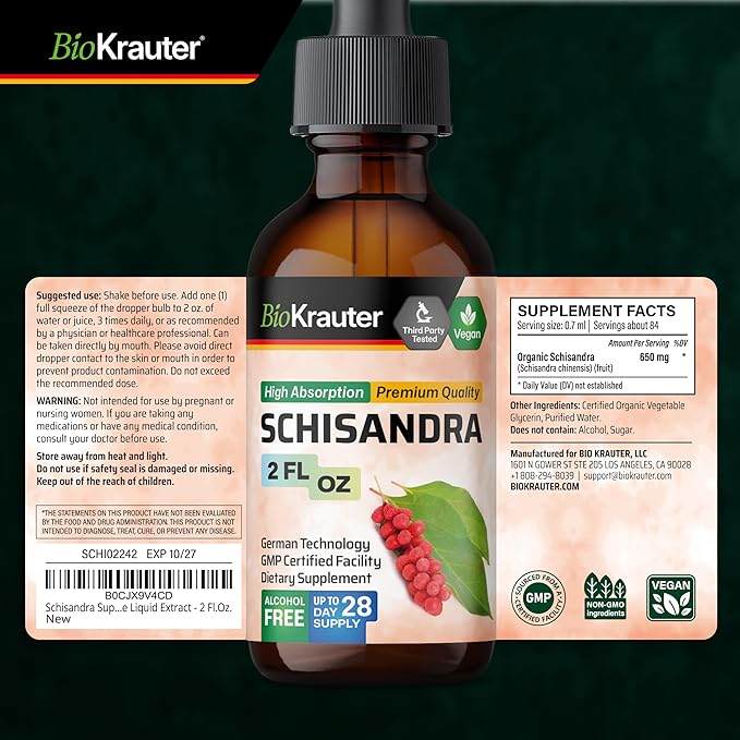 BIO KRAUTER® Schisandra - Liquid Drops Schisandra Berry 650 mg per Serving 2 Fl.Oz 28-Day Supply - Pure Vegan Calm &amp Mood Support Supplement - Alcohol &amp Sugar Free - Natural Calm Drops for Rel