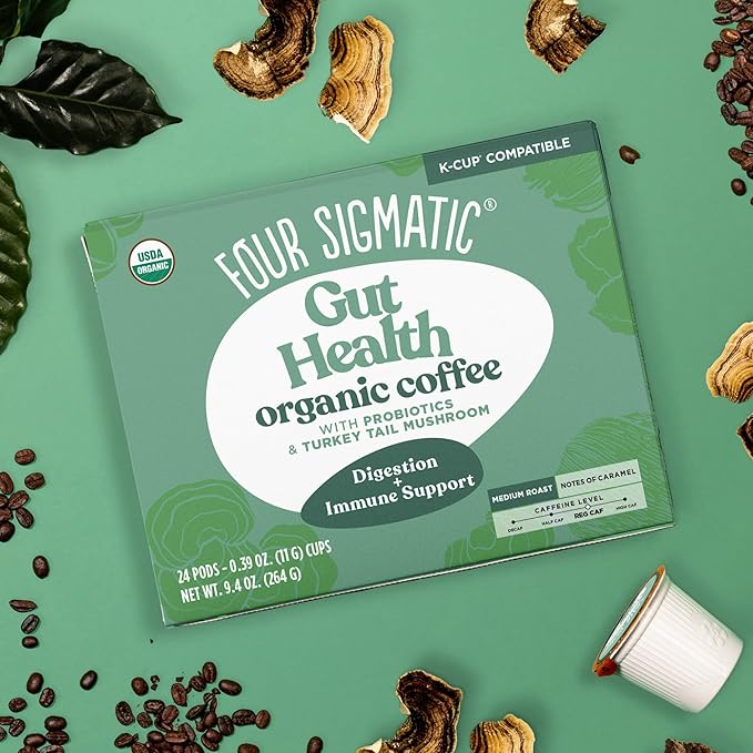 Four Sigmatic Gut Health Organic Coffee Pods | Medium Roast Probiotic K Cups with Chaga and Turkey Tail | Immune Boosting Probiotic Mushroom Coffee K Cups for Gut Health and Immune Support | 24 Count