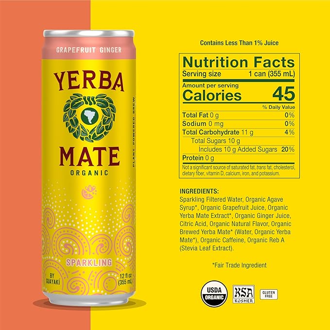Yerba Madre Organic Yerba Mate Clean Energy Drink Alternative Bundle Grapefruit Ginger &amp Classic Gold Flavors 12 Oz (Pack of 24) 80mg Natural Caffeine Smooth Energy &amp Focus