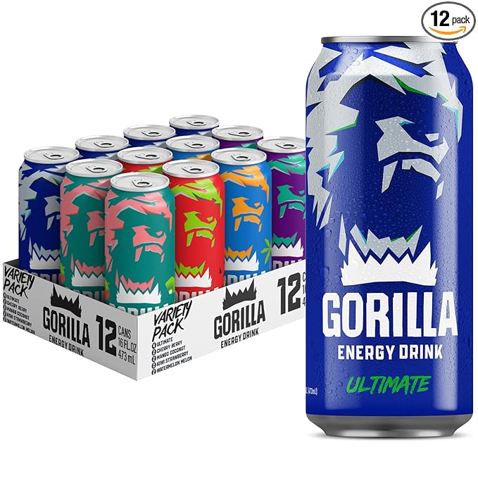 Gorilla Energy Drink Variety Pack 200mg Natural Caffeine Real Fruit Juice Squeezed &amp Concentrated L-Theanine Taurine Ginseng Acetyl L-Carnitine No Added Sugar and No Artificial Colors 12