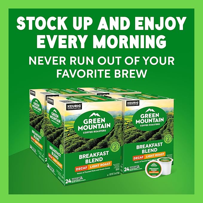 Green Mountain Coffee Roasters Breakfast Blend Decaf Coffee Keurig Single Serve K-Cup pods Light Roast 96 Count
