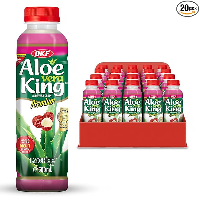 OKF Aloe Vera King Drink with Pure Aloe Pulp Variety Flavors 16.9 oz. (Lyche Pack of 20) Korean Premium Health Beverage