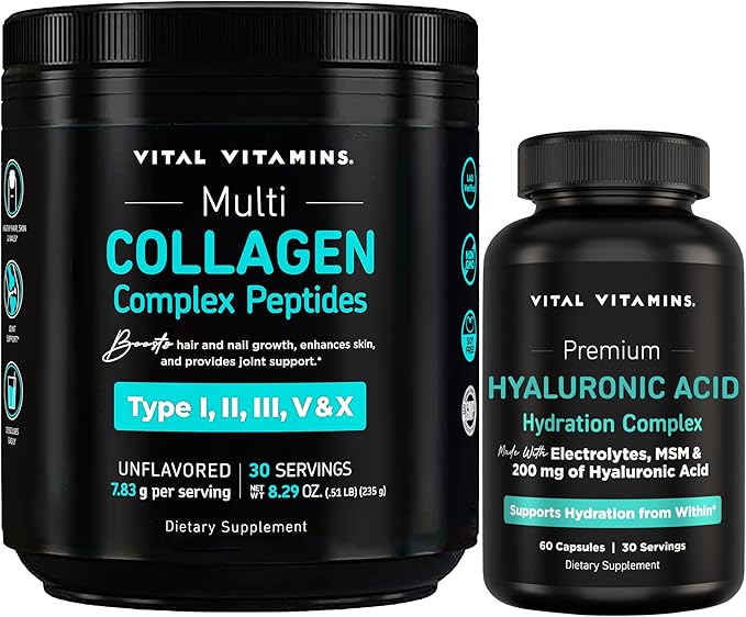 Vital Vitamins Multi-Collagen Powder 30 Servings + Hyaluronic Acid Hydration Complex 60 ct