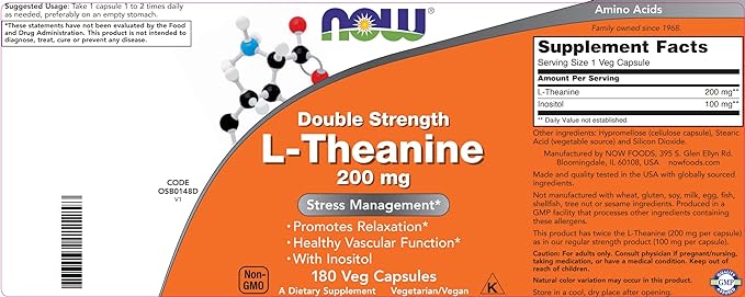 NOW Foods L-Theanine Double Strength 200 mg Per Cap - 180 Veg Capsules (Pack of 2) (360 Total caps) - Enhanced with 100mg Inositol - Vegetarian Non-GMO - Ltheanine 200mg Supplement