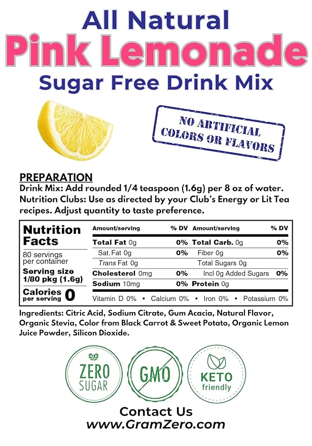 GramZero All Natural Pink Lemonade Zero Calorie Sugar Free Drink Mix Great For Nutrition Club Loaded Tea Stevia Sweetened
