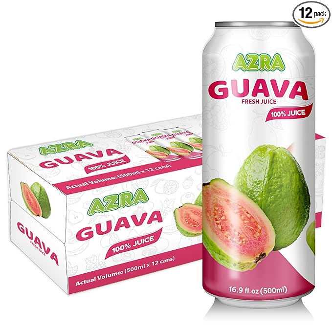 AZRA 100% Guava Juice – 500ml Cans Exotic Fruit Juice Beverages – Zero Sugar Drinks Healthy Guava Drink for Kids and Adults – Bulk 100% Juice Pack 12 Count