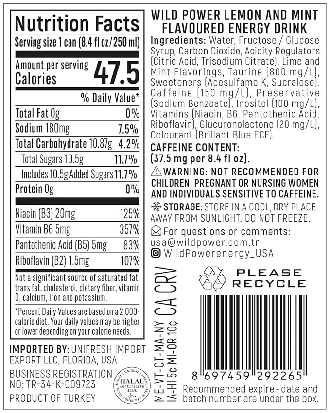 Wild Power Energy Drink Mojito Flavor 8.4 fl oz (250 mL) Slim Cans 24 Pack