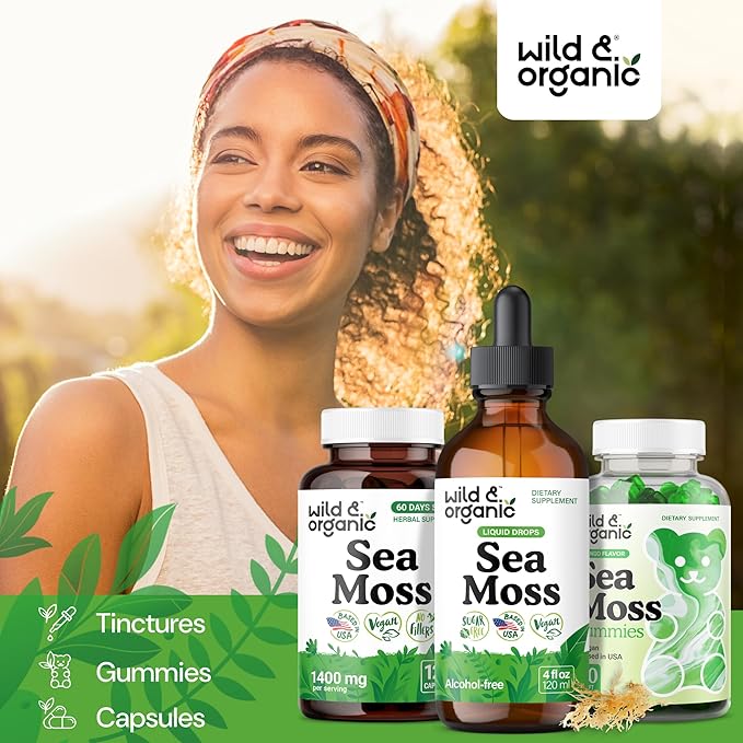 Wild &amp Organic Sea Moss Drops - Overall Support with Irish Seamoss and Bladderwrack - Multimineral Chondrus Crispus Tincture - Vegan Sugar &amp Alcohol-Free Liquid Supplement - 4 fl oz
