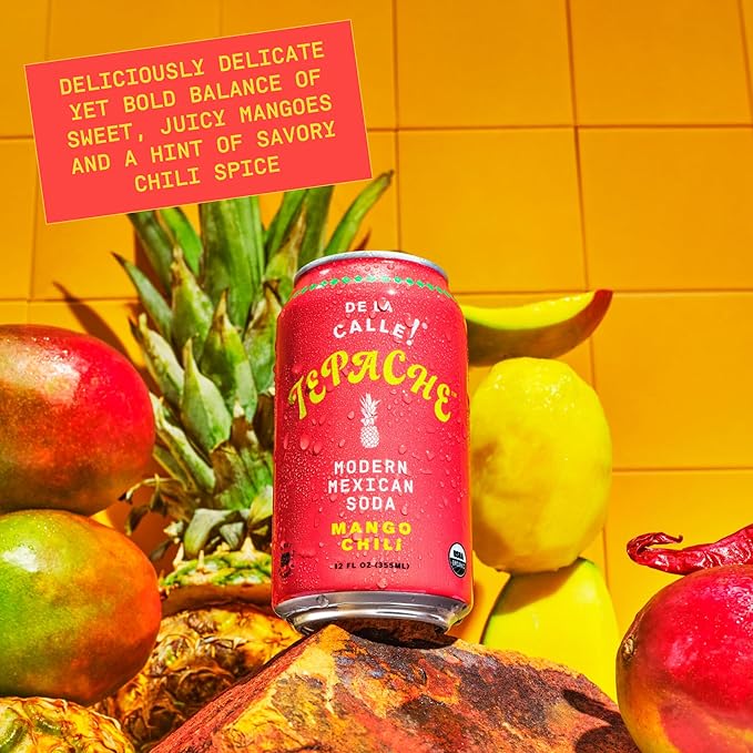 De La Calle Tepache - Mango Chili - Modern Mexican Soda - Craft Fermented Pineapple Sparkling Beverage - Certified Organic Antioxidant Rich Non-Alcoholic Healthy Soda Low Sugar Low Calorie Non-G