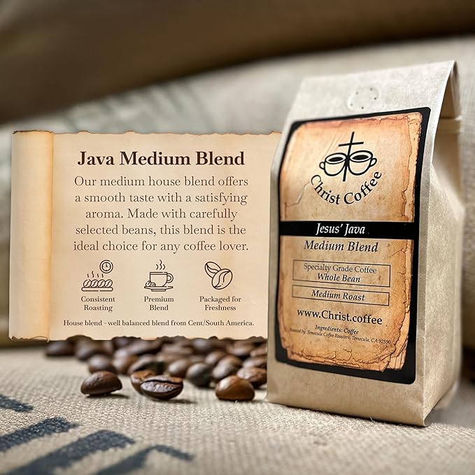 Christ Coffee Jesus’ Java Medium Blend – Premium Whole Coffee Beans Smooth and Balanced Flavor | Freshly Roasted for Rich Aroma and Taste – 12 oz Ba