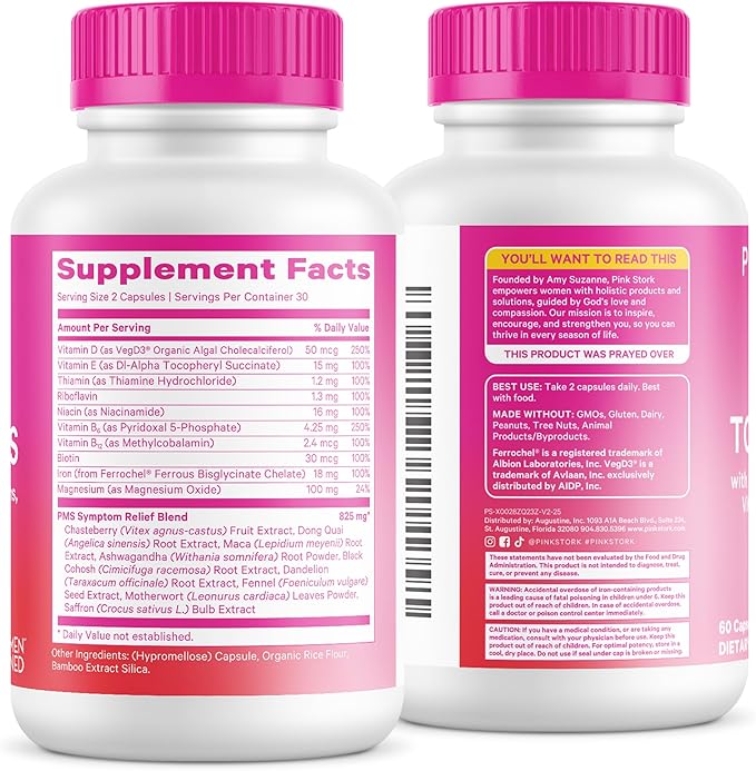Pink Stork PMS Supplement for Women - Vitex Ashwagandha Maca Root &amp 10 Vitamins &amp Minerals to Support Hormone Balance Mood Bloating Period Regularity - 60 Capsules