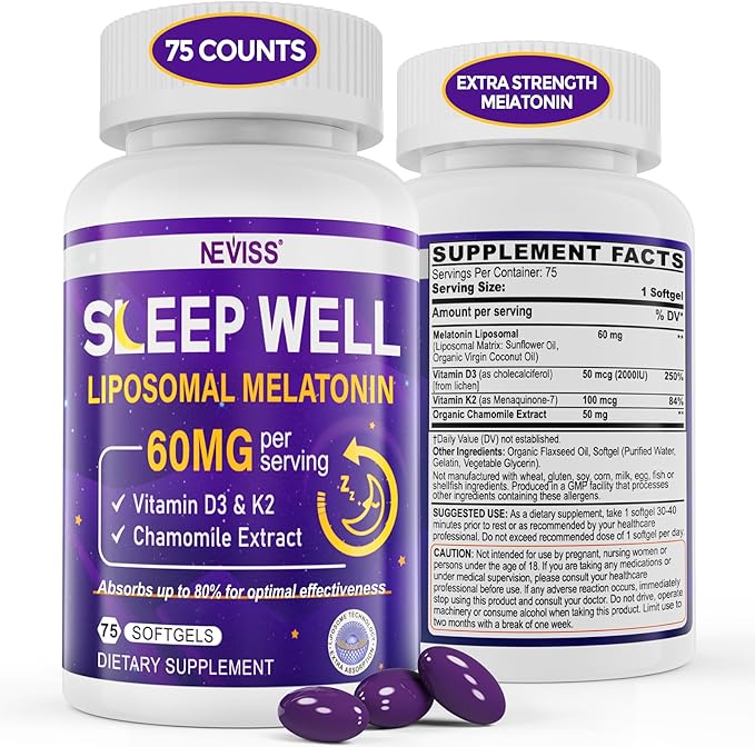 NEVISS 1Pack 60mg Melatonin Liposomal for Adults High Dose Deep Rest &amp Brain Cognition Extra Strength with Vitamin D3 K2 Chamomile for Sound Zzz Cycle Power Antioxidant 75 Softgels