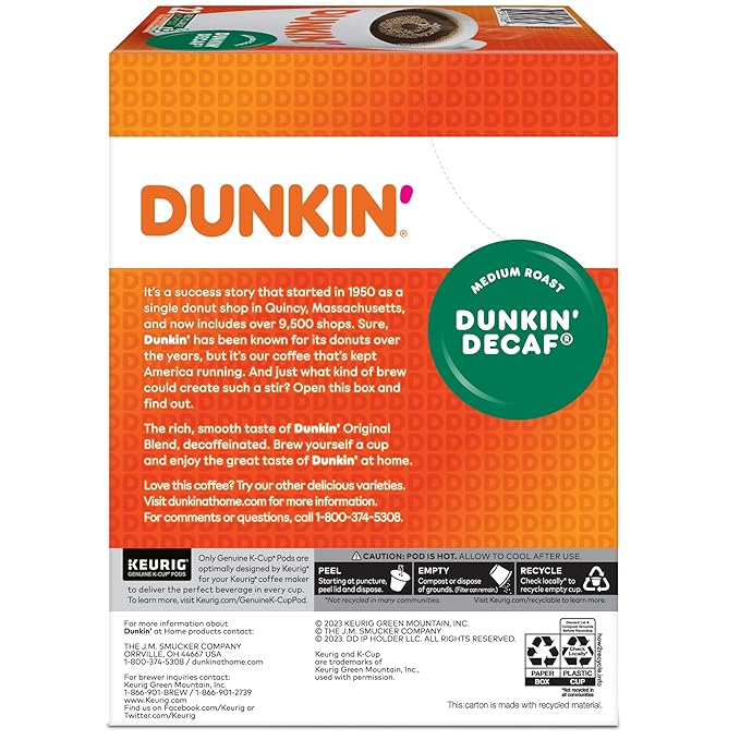 Dunkin' Donuts Decaf Keurig Single-Serve K-Cup Pods Medium Roast 22 Pods Per Pack Case Of 4 Packs