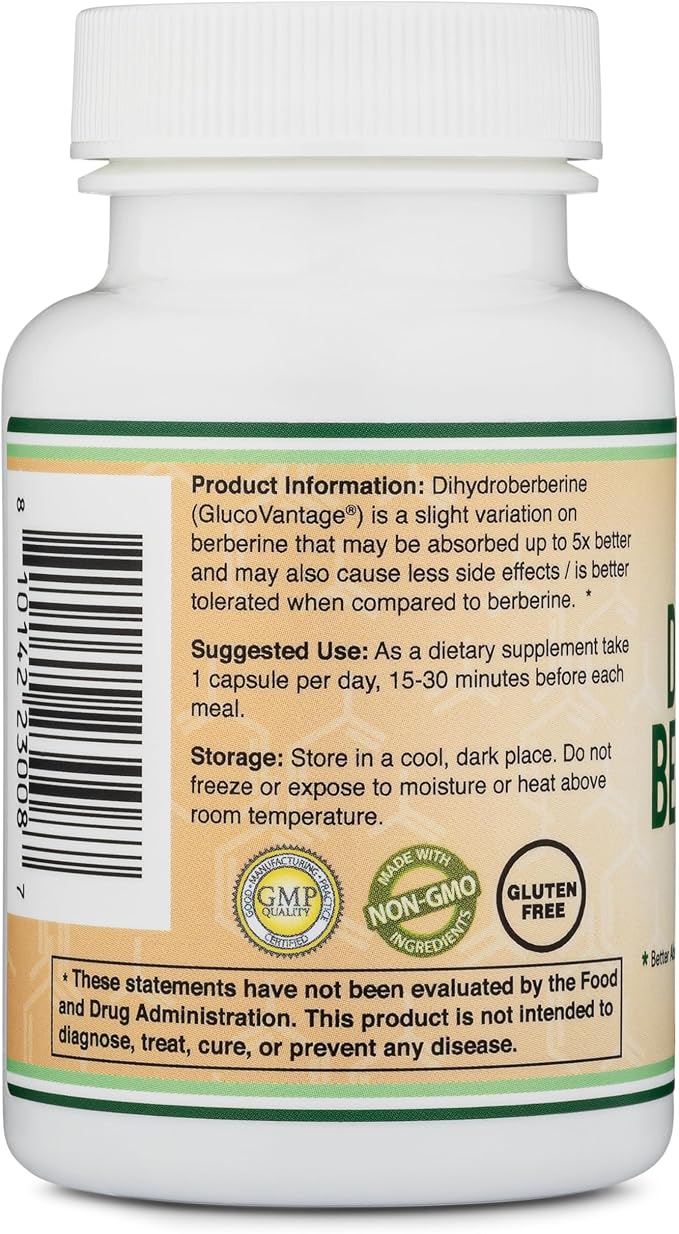 Dihydroberberine Supplement 100mg 60 Capsules (Patented GlucoVantage Super Berberine May be 5X More Effective Than Berberine with Less Side Effects) Third Party Tested Vegan Safe by Double Wood