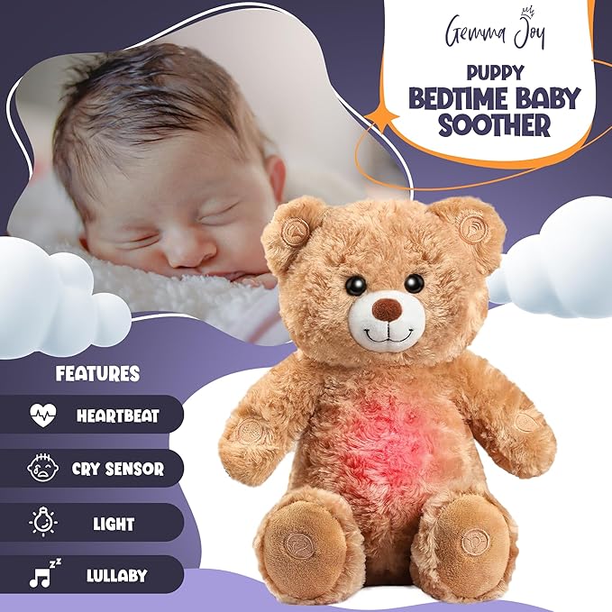 Gemma Joy Bedtime Baby Soothers &amp StickyOnes Sleep Patches - Cry Activated Heartbeat Bear Plush Toy Stuffed Animal with Calming Light &amp All-Natural No Melatonin Bedtime Patches for Kids and
