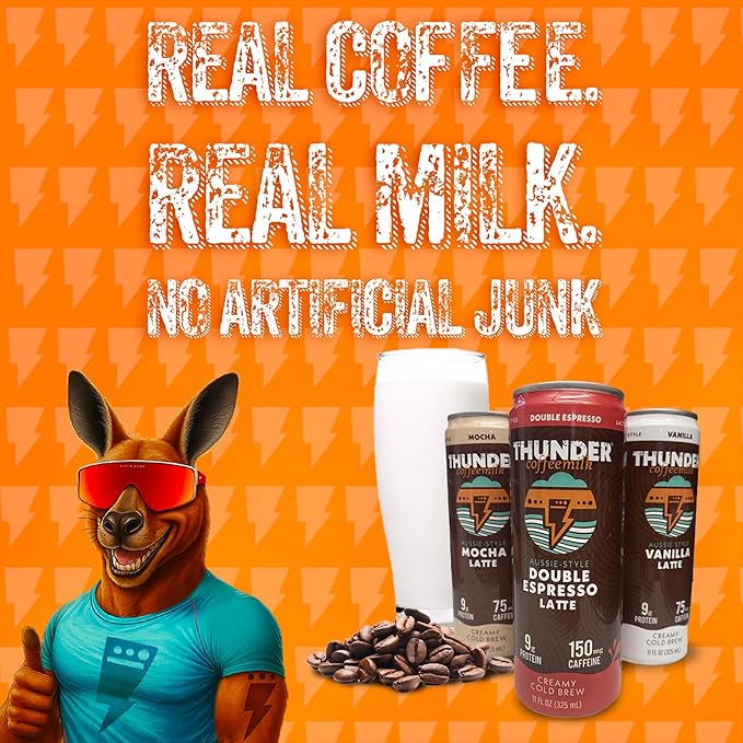 Thunder CoffeeMilk - 11 oz Aussie Style Cold-Brewed Latte Canned Coffee Iced Coffee Cans for Grab &amp Go Natural Protein-Rich 150mg Caffeine Energy Drink in Handy Cold Brew Cans Doubleshot Espres