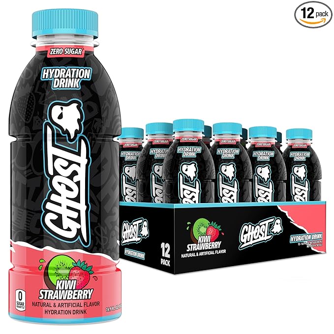 GHOST Hydration Drink Kiwi Strawberry- RTD Sports Drink with Electrolytes Natural Vitamins &amp Minerals - All Day Lifestyle Hydration Beverage - Zero Caffeine &amp Zero Sugars - 16.9 Fl Oz 12 Pa