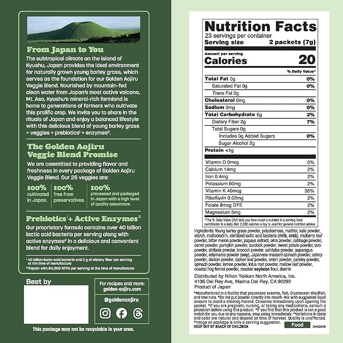Golden Aojiru Green Superfood Powder – Japanese Barley Grass Juice with 25+ Vegetables Prebiotic &amp Enzymes – Gluten Free Green Juice – 46pcs pack of 2