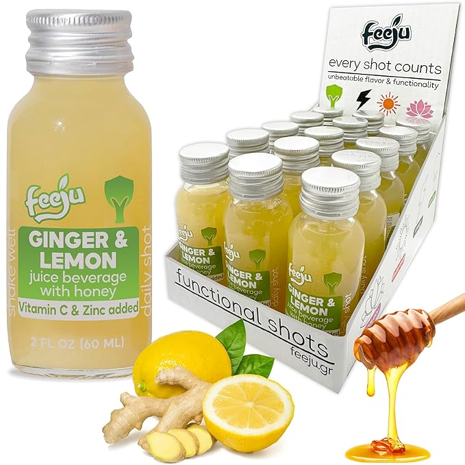15 Pcs Lemon &amp Ginger Shots with Honey - 60ml Hand-squeezed Immunity Shots for Digestion and Energy Boost – No Allergens with Vitamin C and Zinc