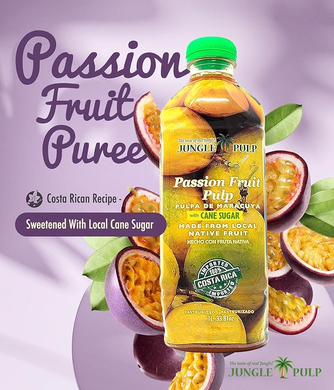 Jungle Pulp Passion Fruit Puree Costa Rica Blend Topping Flavoring Better Than Syrup For Cocktails Pastries Smoothies and Cooking 33.8oz/1 Liter.