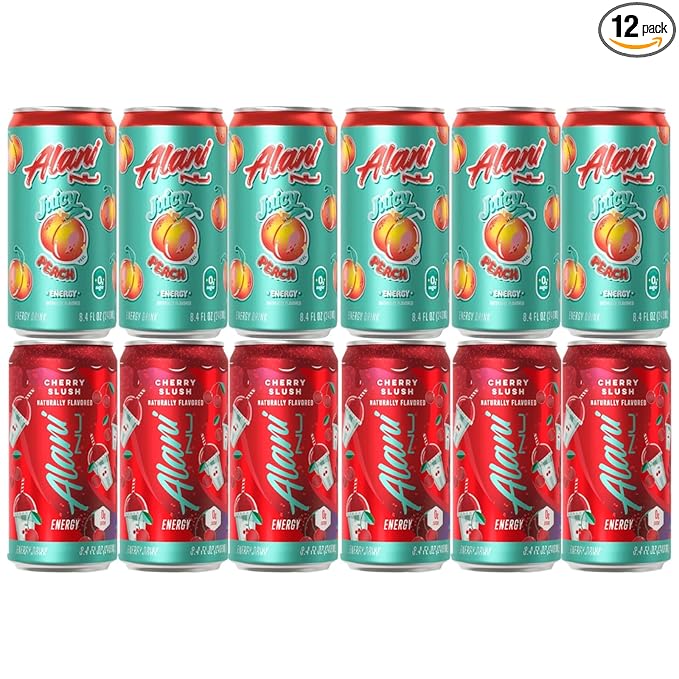 Generic Alani. Nu Mini Energy Drink Variety Pack - (Pack Of 12) - 2 Different Flavors : Cherry Slush and Juicy Peach - 8.4 fl oz Cans - By The Munchie Mix