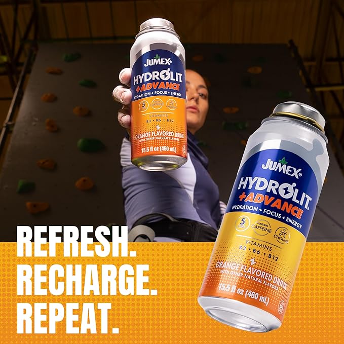 Jumex Hydrolit +Advance Hydration Energy Drinks - 90 Calorie Orange Sports Drinks - Non Carbonated Electrolyte &amp Vitamin Water with Ions Choline B3 B6 B12 &amp Natural Caffeine - 15.5oz 12 P