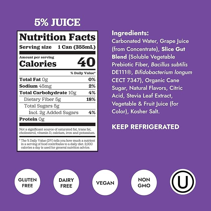 Slice Healthy Soda Grape Prebiotic &amp Probiotic Soda Pop 5g Fiber 40 calories 12 fl oz 12 Pack