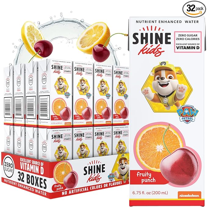 Shine Water x Paw Patrol Fruit Punch Kids Juice Boxes with Vitamin D 32-Pack | No Added Sugar | Naturally Flavored Drinks for Kids | Vegan Gluten Free Zero Calorie Hydration
