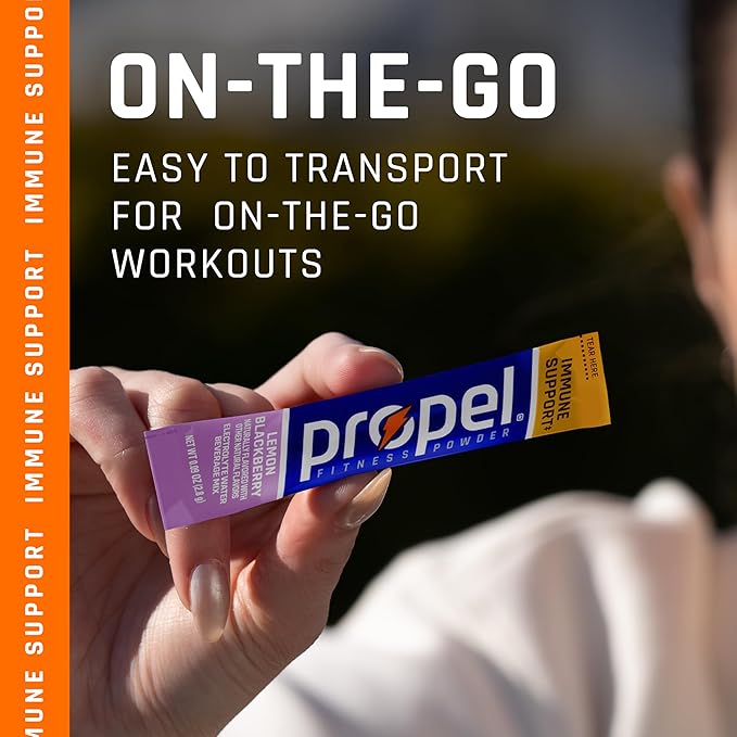 Propel Immune Support Electrolyte Enhanced Water Drink Mix Powder Packets Lemon Blackberry 100% DV Vitamin C Good source of Zinc Zero Sugar Hydration with Electrolytes and Vitamins (120 Packets)