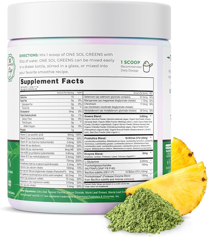 One Sol Greens Super Greens Powder to Reduce Bloating &amp Improve Gut Health Superfood Fresh Bloom Organic Greens Blend Juice &amp Smoothie Mix Pre &amp Probiotic with Digestive Enzymes Vegan