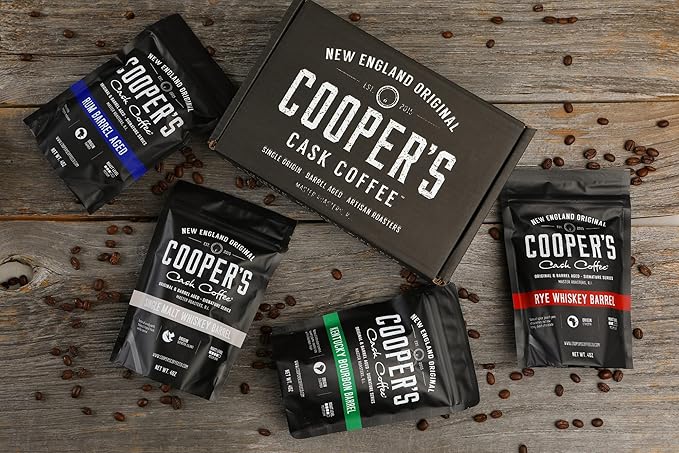 Decaffeinated Gourmet Coffee Sampler Gift Box Set - Whole Beans - 4-Pack - 4oz and Bourbon Barrel Aged Coffee Whole Bean Set - 4-Pack - 4oz