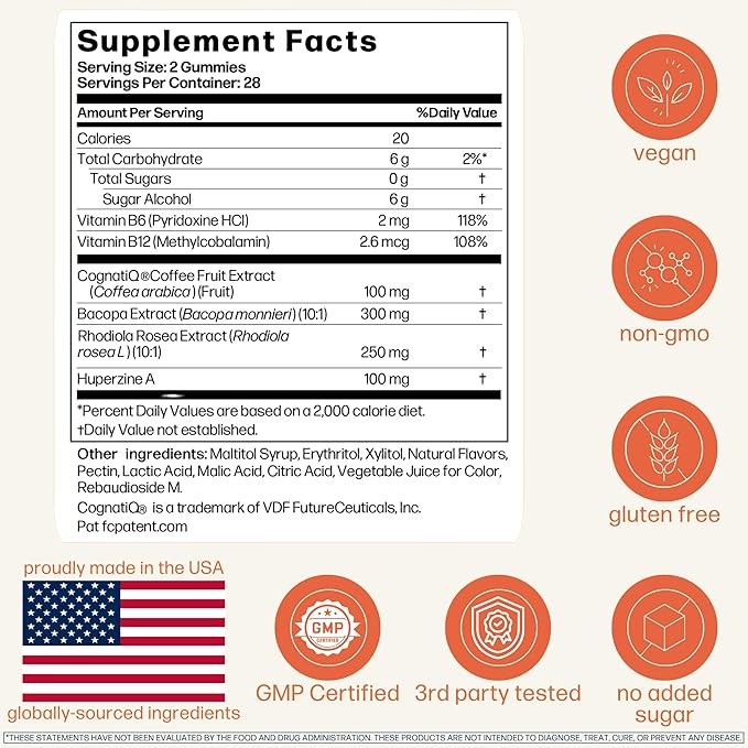 Avantera Elevate Gummies Premium Nootropic Supplement - Beat Brain Fog - Best Focus Supplements for Memory &amp Focus Support - Energy Without Crash - 56 Gummies for Women &amp Men