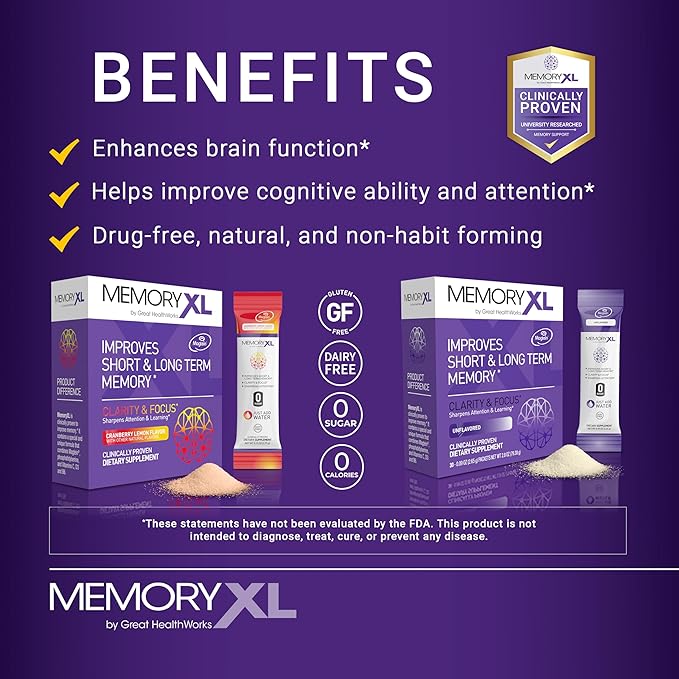 MemoryXL Magnesium L-Threonate: Brain Supplement for Memory &amp Focus Magtein® Phosphatidylserine Vitamin Mix. Improves Memory Focus Attention Learning &amp Logic. 0 Sugar 0 cal 30pk Cranberr