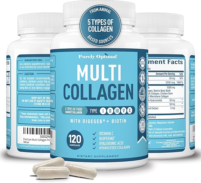 Premium Multi Collagen Peptides (Types I II II V X) - Collagen Pills for Skin Care Hair Growth Nails &amp Joints - Vitamin C Hyaluronic Acid Biotin Gluten Free - 120 Collagen Capsules