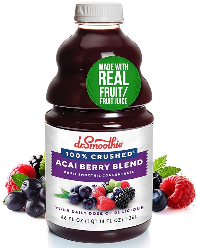 Dr. Smoothie 100% Crushed Acai Berry Blend – No Added Sugar Made with Real Fruits/Fruit Juice – Vegan No Artificial Colors or Flavors – Brazilian Acai Banana Berries &amp Pomegranate – 46 oz Bott