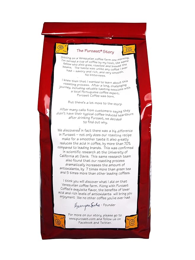 Puroast Low Acid Whole Bean Coffee Colombian Supremo Blend High Antioxidant 5 Pound Bag