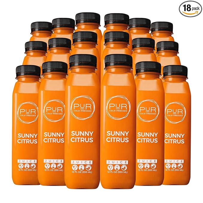 PUR Cold Pressed Daily Juice Kit | Cold-Pressed Juice for Cleanse Hydration &amp Digestion | 6-Pack of Sunny Citrus | Electrolytes &amp Antioxidants (12 fl oz - 18 Pack Sunny Citrus)