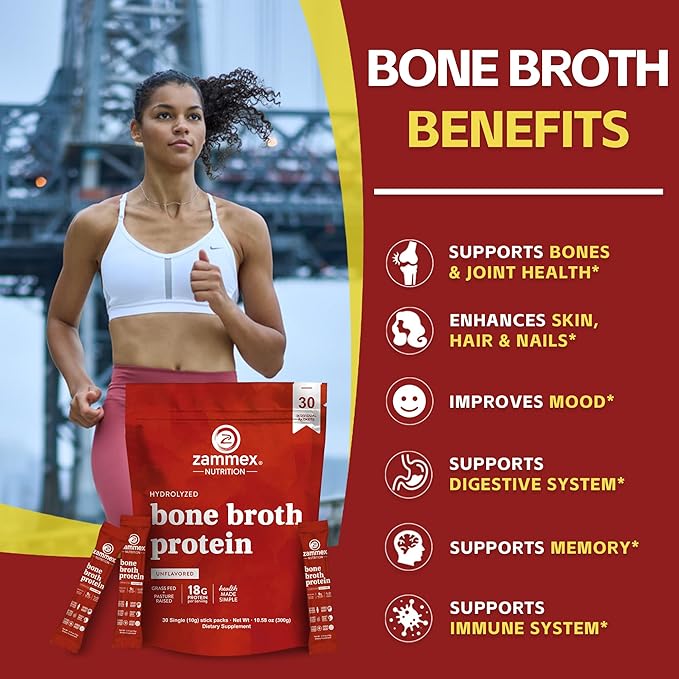 Zammex Bone Broth Packets-18g Collagen Protein-Beef Bone Broth Powder to Go-30 Travel Stick Packets-Supports Skin Nails Joints Gut Health | Gluten-Free |Keto &amp Paleo Friendly (15 Servings)
