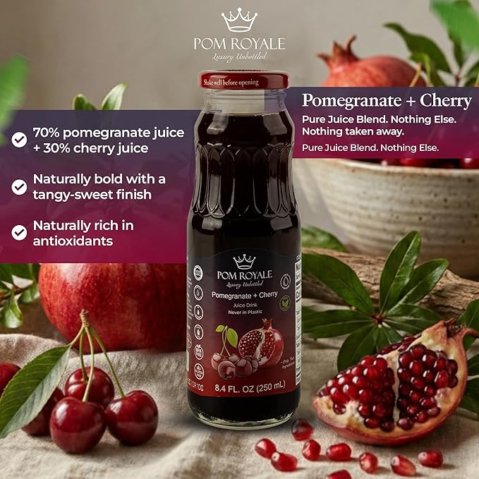 Pure Pomegranate &amp Cherry Juice 8.4oz Glass Bottle (Pack of 12) Cold Pressed Juice Not from Concentrate Non-GMO No Sugar Added Gluten Free Kosher Certified Preservative Free