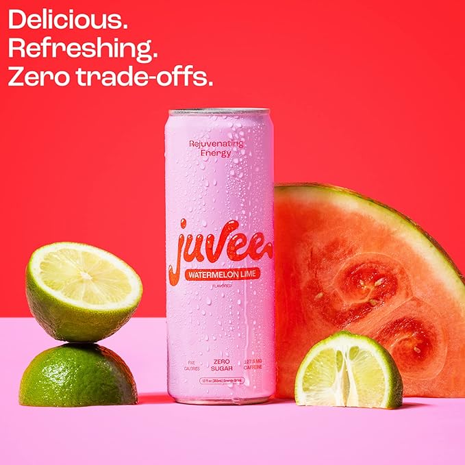 Juvee Rejuvenating Energy Drink – Sugar Free Watermelon Lime Flavor 12 oz Cans (12-Pack) – 128mg Natural Caffeine Zero Sugar Low Calorie Clean Energy &amp Focus Booster for Daily Use