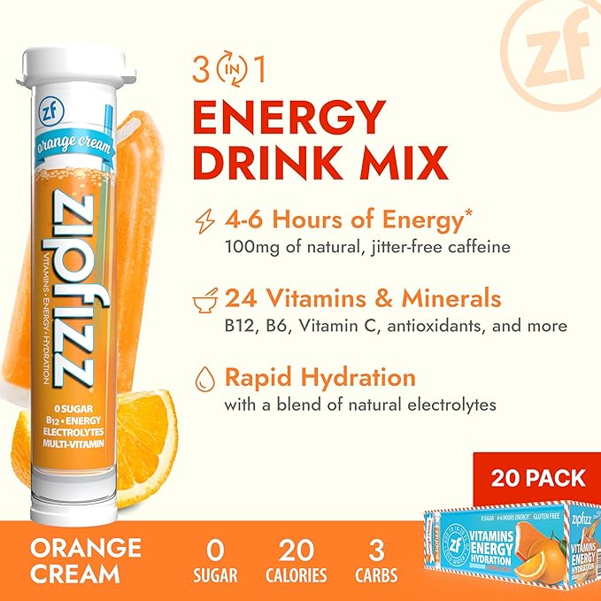 Zipfizz Daily Energy Drink Powder Orange Cream 20 Pack | 3-in-1 Sustained Energy Rapid Hydration and Essential Vitamins | Sugar-Free | Electrolyte Powder | Contains Vitamin B-12 &amp Antioxidants